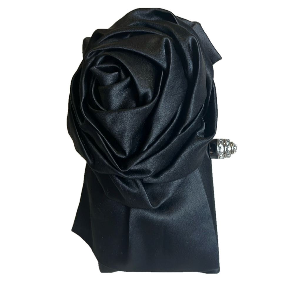 Small Black Satin Clutch w/rosette + round rhinestone closesure No imperfections